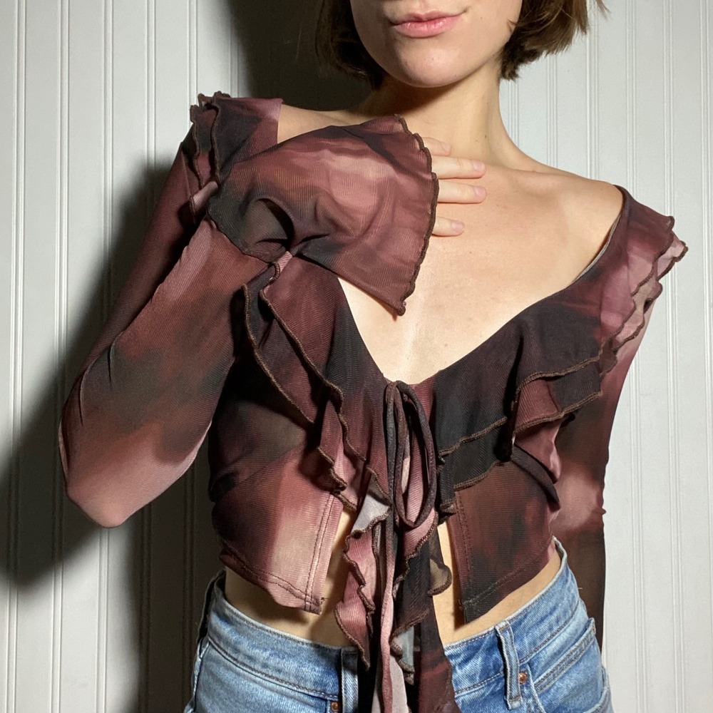 Windsor Whimsigoth Brown Sheer Mesh Tie Front Ruffle Trumpet Sleeve Top Sexy - M